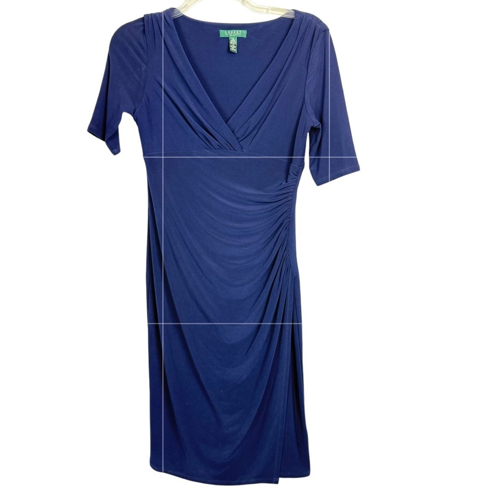 Lauren Ralph Lauren Navy Blue Faux Wrap Draped  Stretch Flattering Dress Sz 10